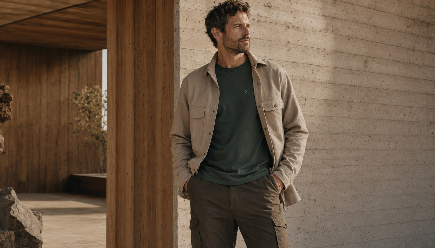 Model wearing a sand overshirt and forest-green command-prompt T-shirt from the Prompt Outfitter concept collection